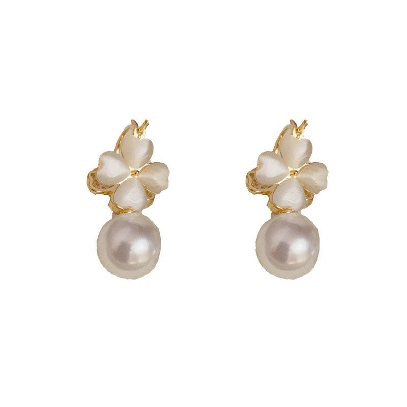 Luxury Double-Sided Four-Leaf Flower & Pearl Earrings – Elegant Design