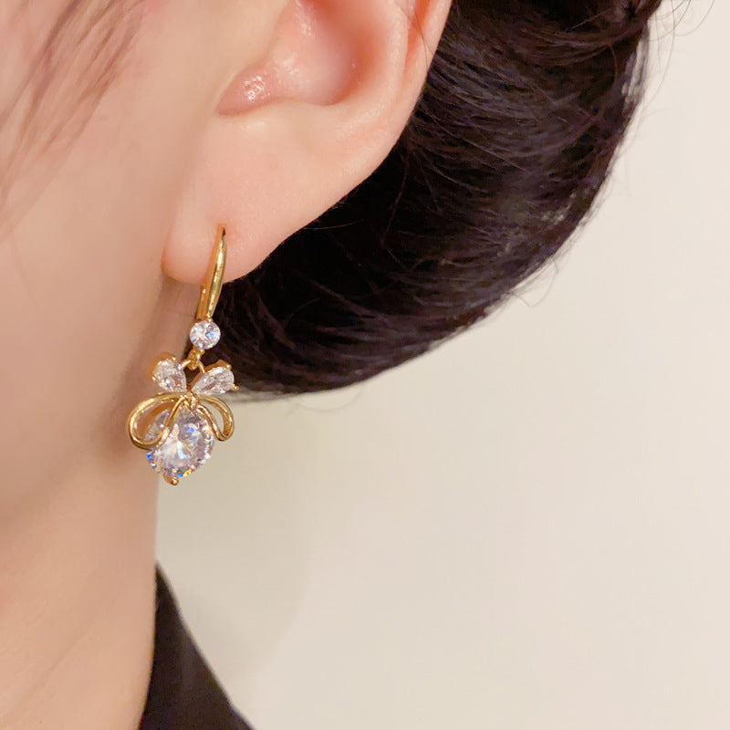 Luxury Zircon Bow Ear Hook Earrings – Silver Needle Elegant Design