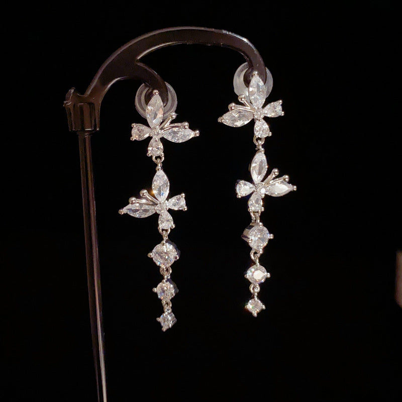 14K Glod Luxury Zircon Butterfly Tassel Drop Earrings – Elegant Design