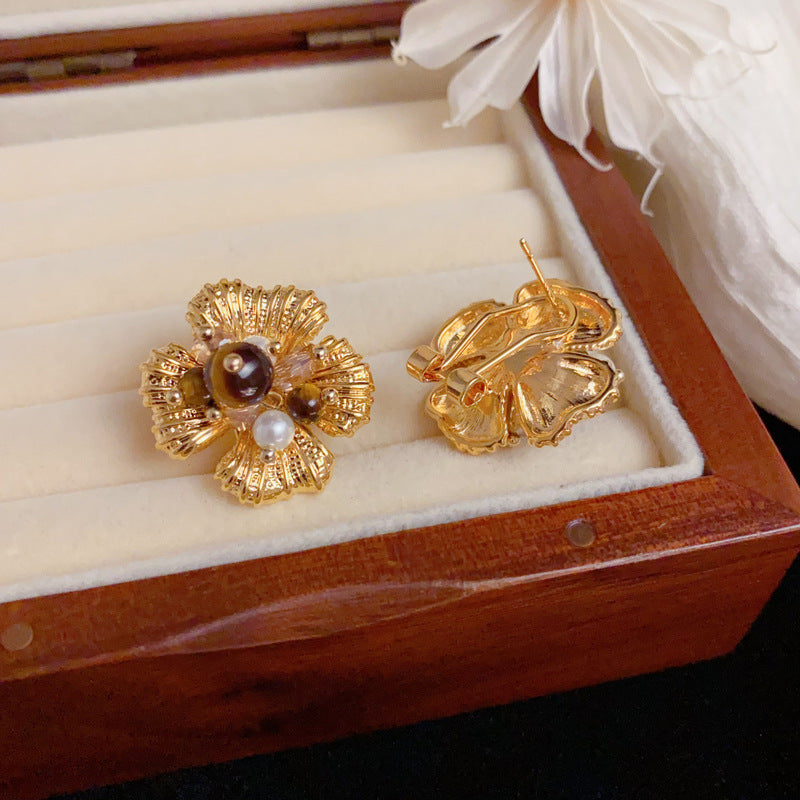 Elegant Tiger's Eye & Glass Bead Flower Earrings – Floral Design