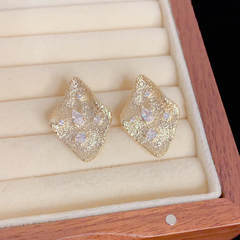 Gold Rhombus Earrings – Geometric Zircon Studs for Women