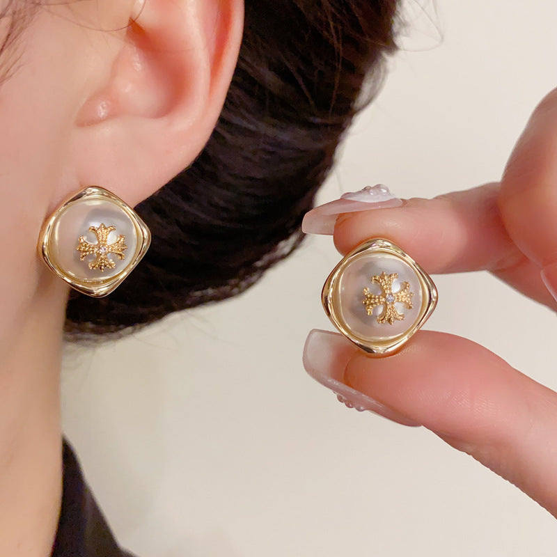 14K Gold Cross Pearl Geometric Stud Earrings- Chic Elegance Design