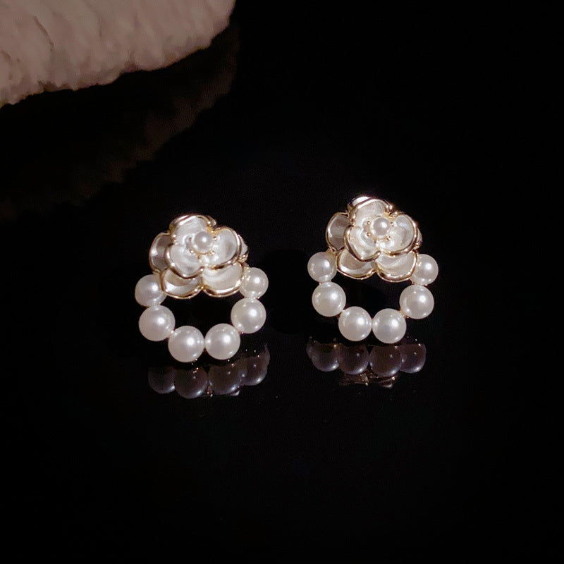 14K Gold Enamel Flower Pearl Stud Earrings – Elegant Minimalist Design