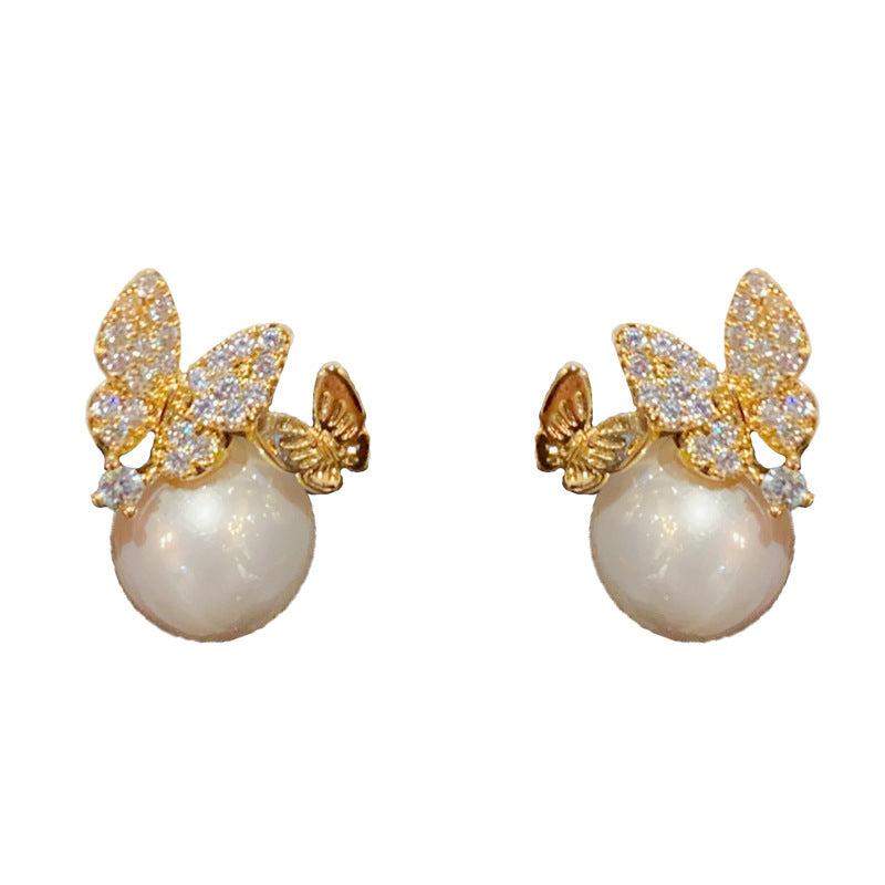 14K Gold Zircon Butterfly Pearl Stud Earrings- Chic Elegance Design