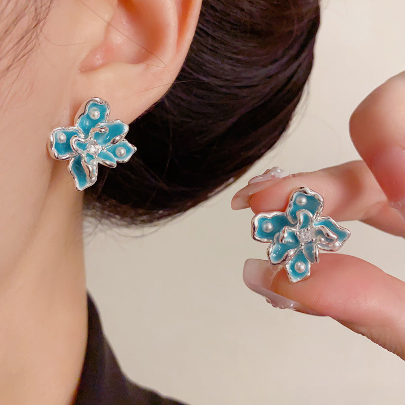 Luxury Blue Enamel Iris Flower Stud Earrings – Floral Design