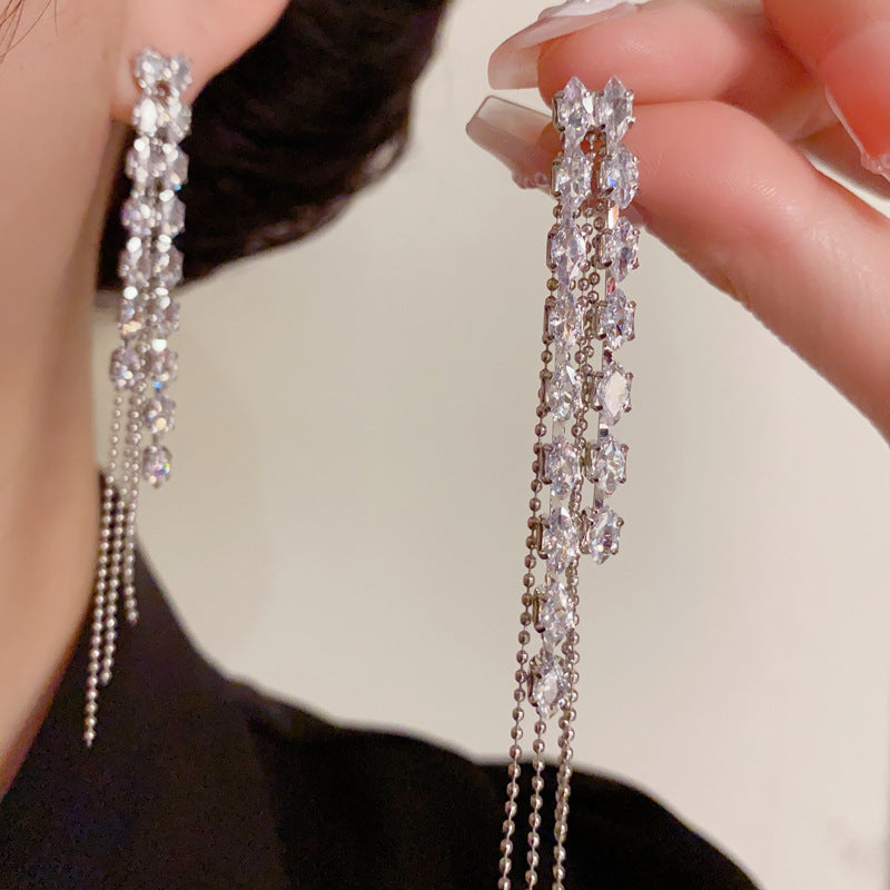 14K Gold Full Zircon Long Tassel Drop Earrings - Chic Elegance Design