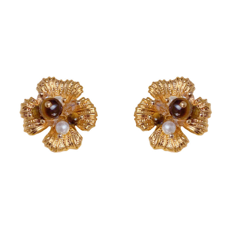 Elegant Tiger's Eye & Glass Bead Flower Earrings – Floral Design