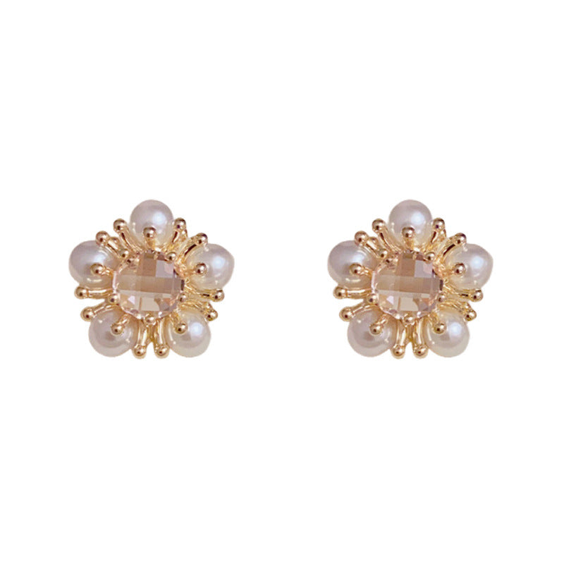 14K Gold Minimalist Pearl Sunflower Stud Earrings – Elegant Design