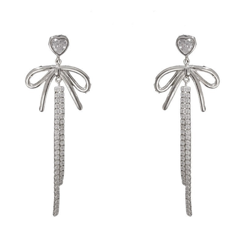 Eaioncol Bow CZ Tassel Drop Earrings Gold Silver