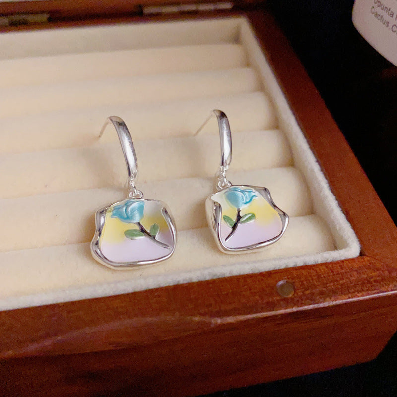 14K Gold Enamel Rose Geometric Drop Earrings – Elegant Floral Design