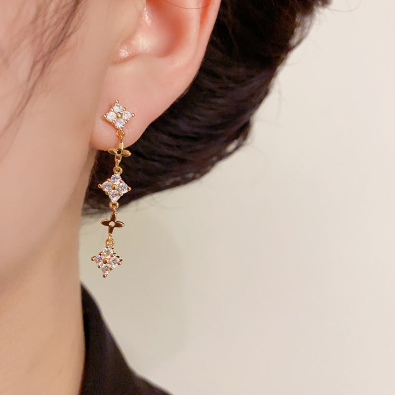 14K Gold Full Zircon Star Tassel Drop Earrings - Chic Elegance Design