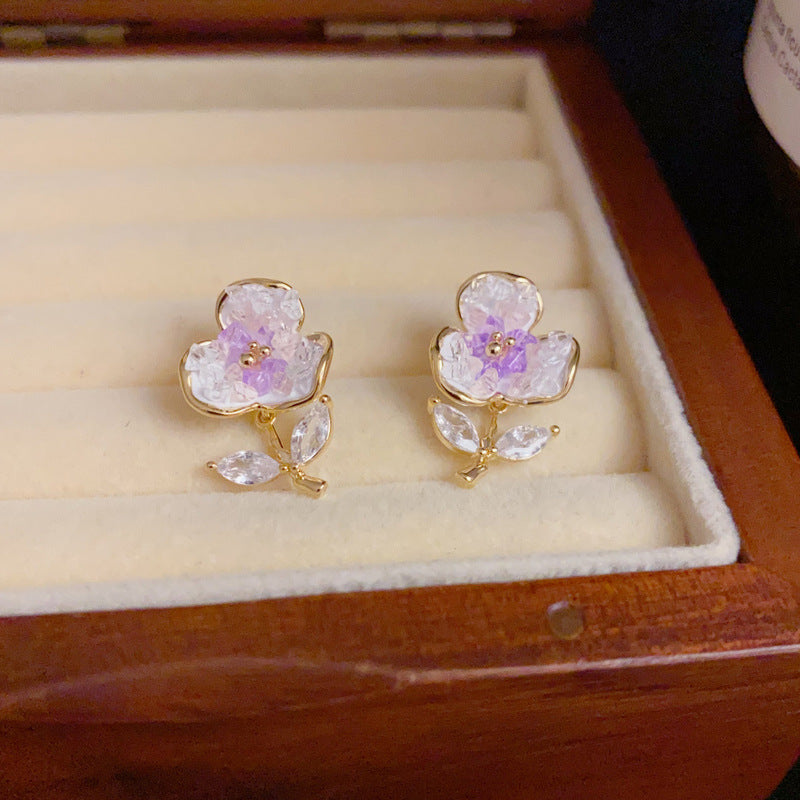 14K Gold-Plated Green & Purple Floral Stud Earrings – Elegant Design