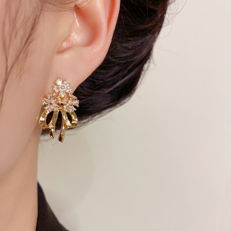 14K Gold-Plated Zircon Flower Bow Drop Earrings – Elegant Design