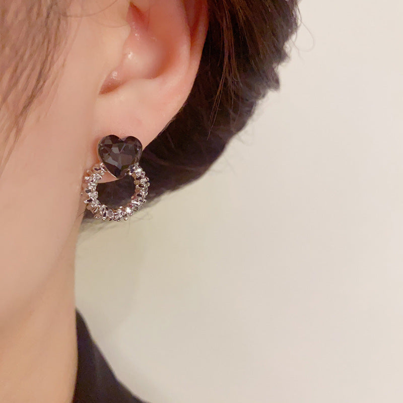 S925 Silver-Plated Black Heart Metal Circle Stud Earrings - French Design