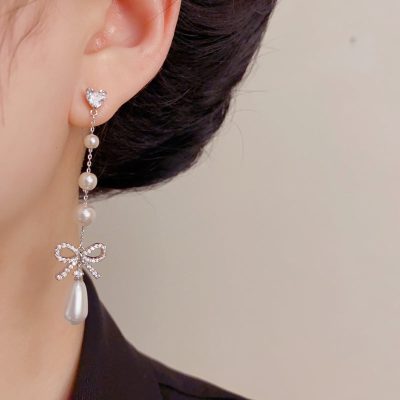 Eaioncol Bow Pearl Tassel CZ Drop Earrings Gold Silver