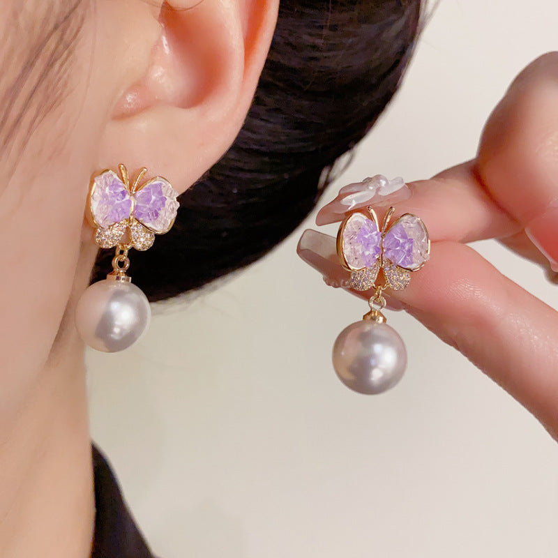 14K Gold Amethyst Butterfly Pearl Drop Earrings – Elegant Chic Design