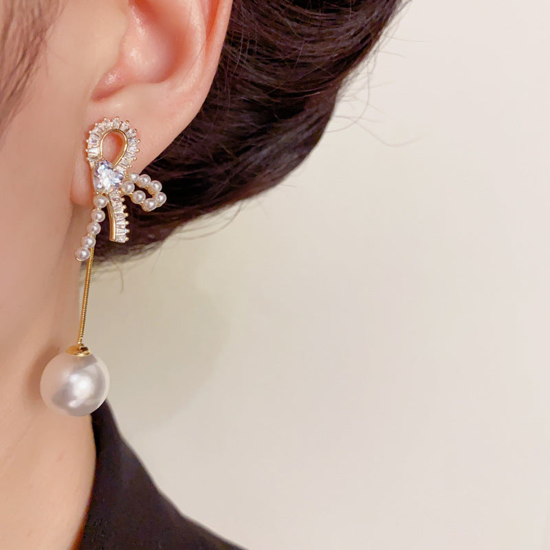 Luxury Zircon Pearl Bow Dual-Wear Tassel Drop Earrings– Elegant Design