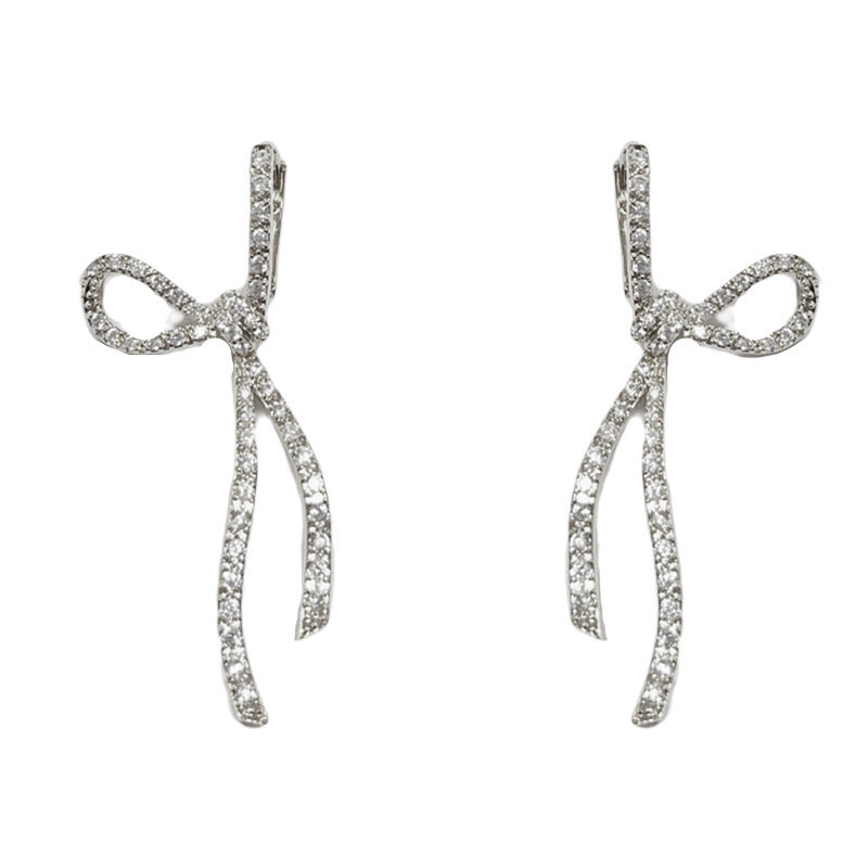 14K Gold-Plated Full-Diamond Bow Long Drop Earrings - Elegant Design