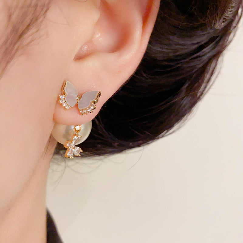 14K Gold Shell Butterfly Pearl Drop Earrings – Sweet Elegant Design