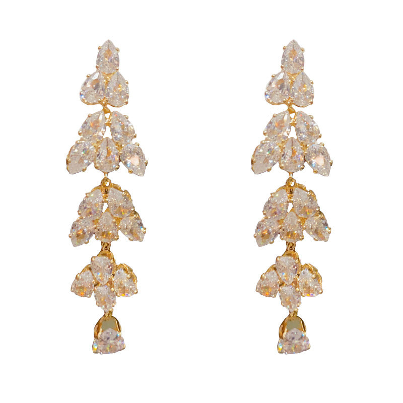 14K Gold Full Zircon Leaf Long Tassel Earrings - Chic Elegance Design