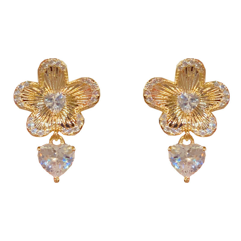 14K Gold-Plated Metal Flower Heart Drop Earrings – Elegant Design