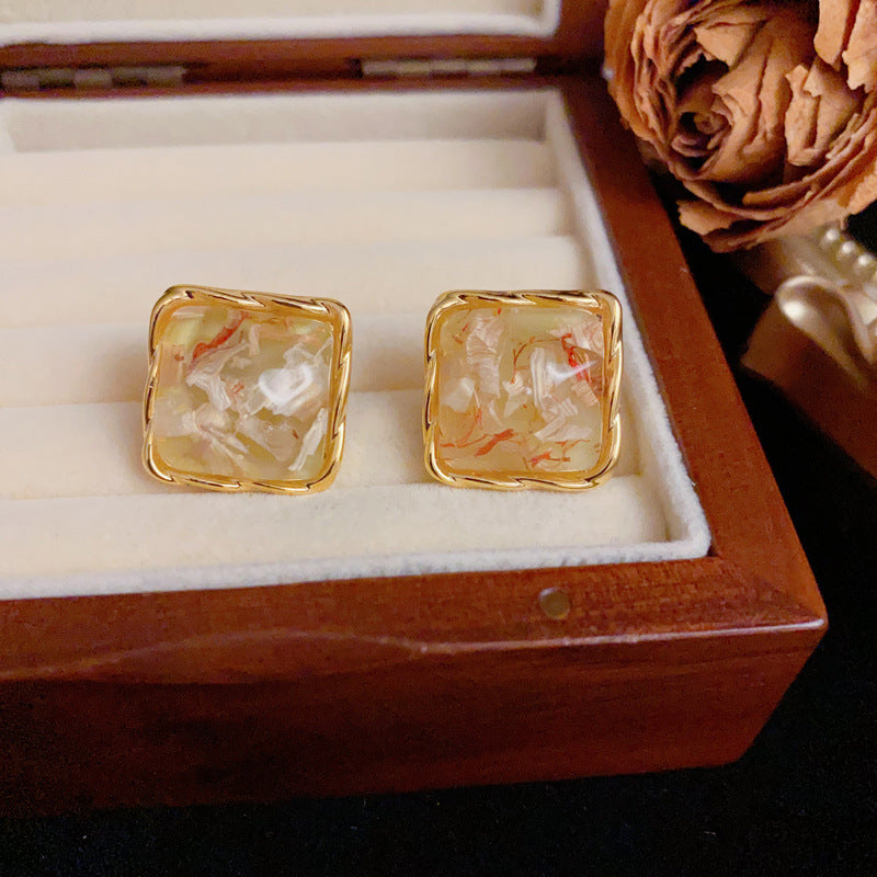 Luxury Resin Square Large Stud Gold Earrings– Elegant Geometric Design