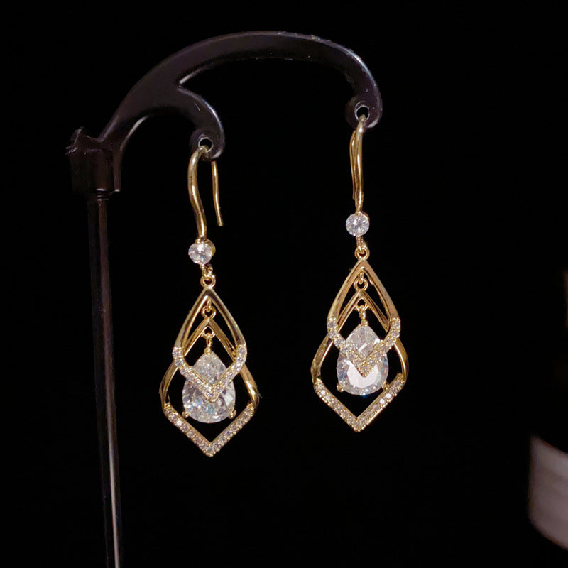 14K Gold Double-Layer Rhombus Earrings - Elegant Minimalist Design