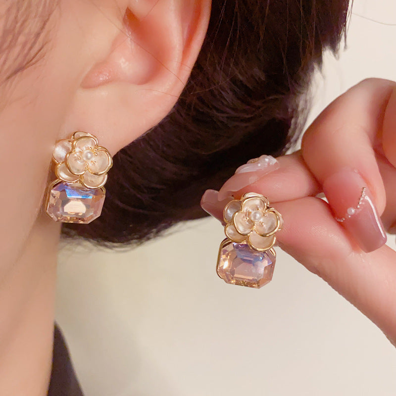 14K Gold Sweet K9 Glass Flower Drop Earrings – S925 Silver Needle