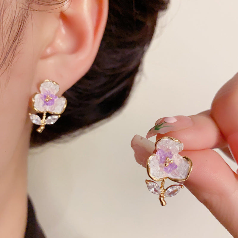 14K Gold-Plated Green & Purple Floral Stud Earrings – Elegant Design