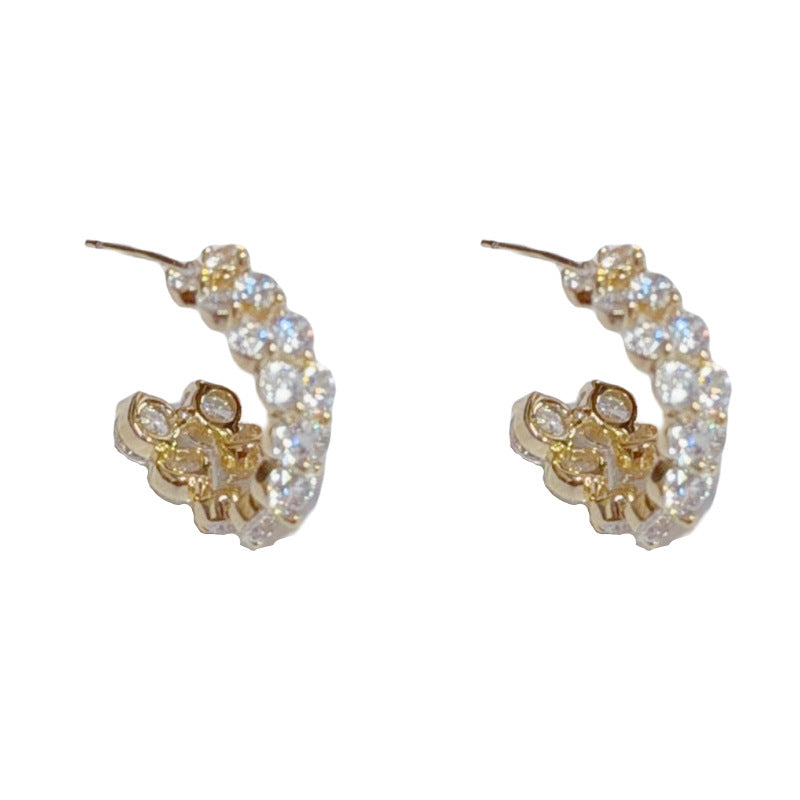 Elegant Full-Zircon Double-Row C-Hoop Earrings – Geometric Design