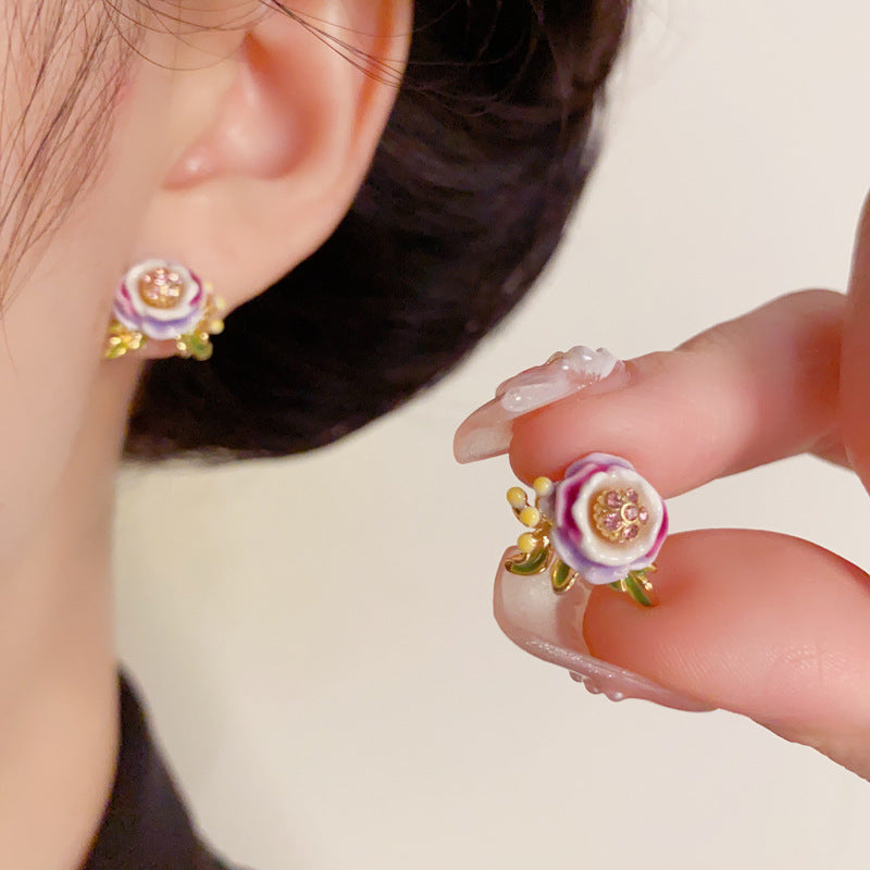 14K Gold Luxury Enamel Flower Stud Flower Earrings – Elegant Design