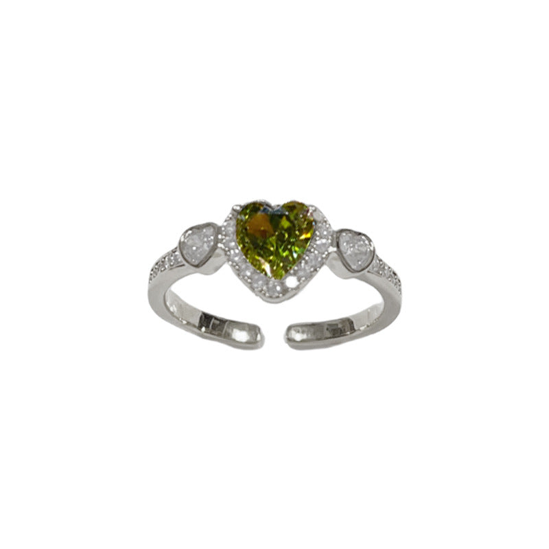 14K Gold-Plated Zircon Green Heart Open Ring - Chic and Unique Design