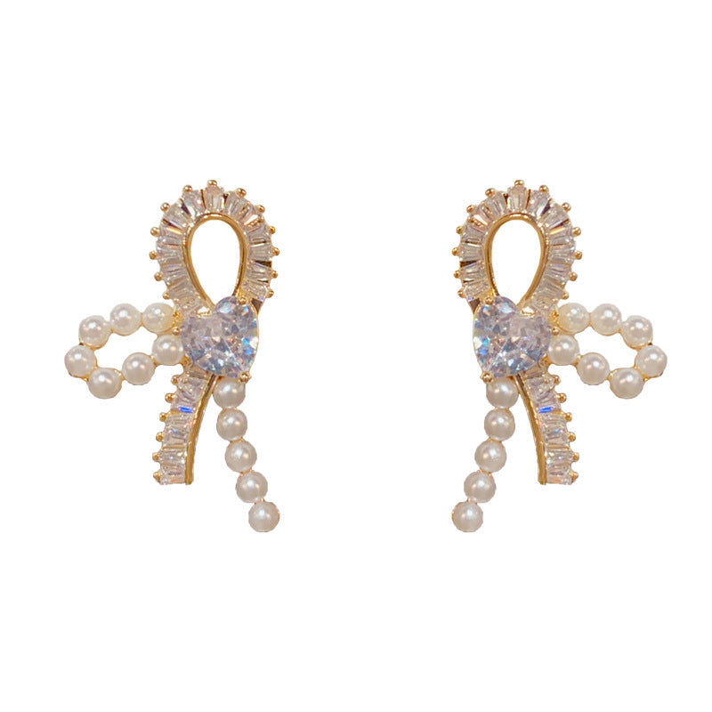 14K Gold-Plated Pearl Heart Zircon Butterfly Earrings - Elegant & Chic