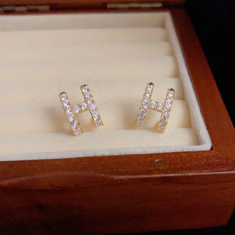14K Gold-Plated H Letter Full Diamond Stud Earrings - Elegant & Chic