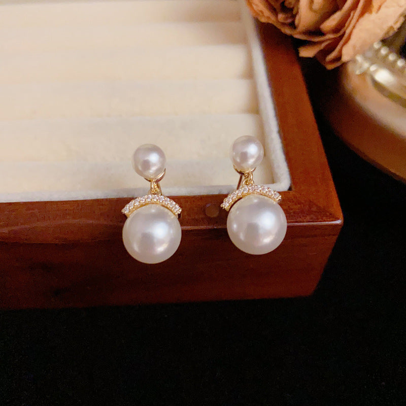 Luxury Zircon Bar & Pearl Stud Real Gold Earrings – Elegant Design