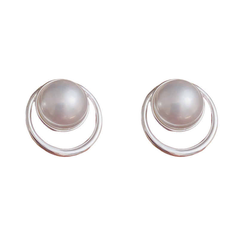 Elegant Large Pearl Round Ring Stud Earrings – Geometric Design