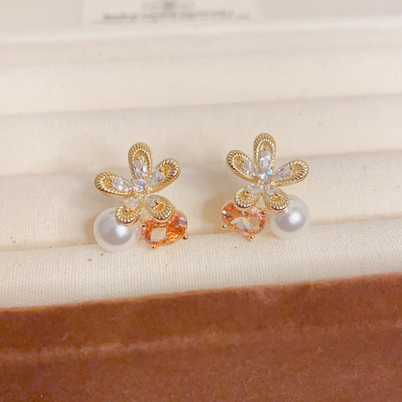 Elegant Zircon Petal Pearl Stud Earrings – French Minimalist Design