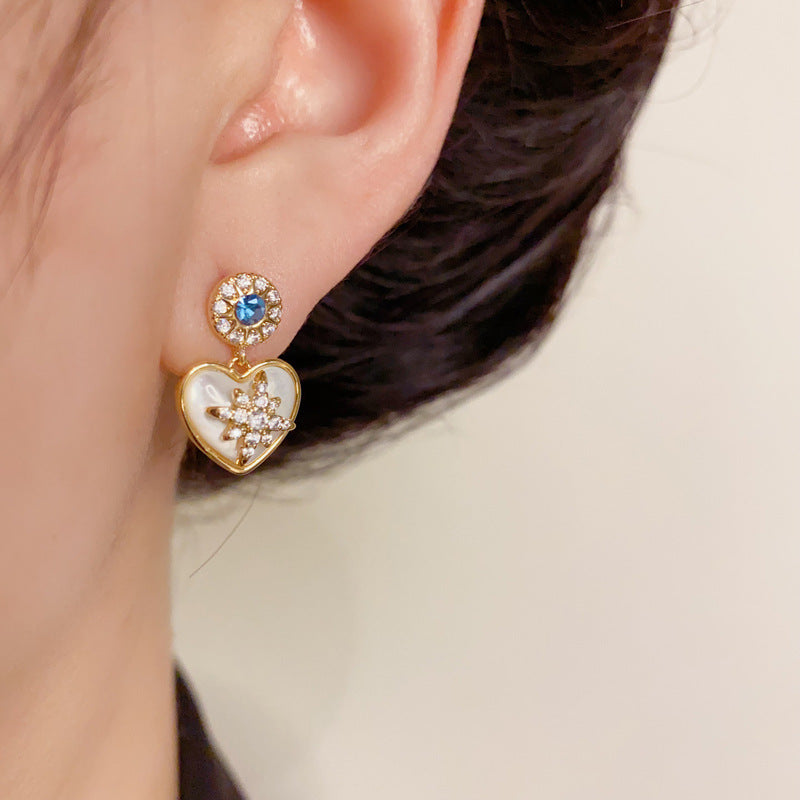 14K Gold Zircon Star & Mother-of-Pearl Heart Earrings – Elegant Design