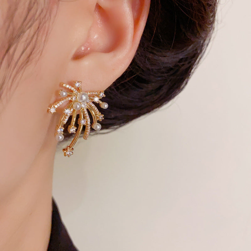 Luxury Full-Zircon & Pearl Firework Gold Earrings – Floral Design