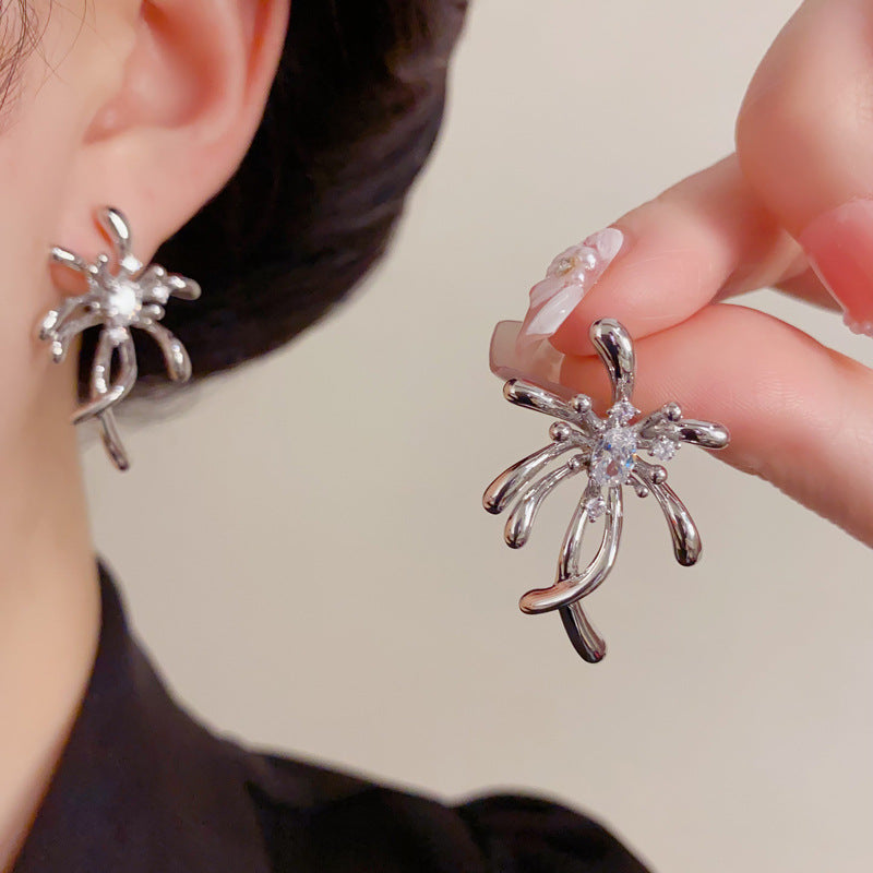 Gold Zircon Petal Earrings – French Retro Flower Studs for Women
