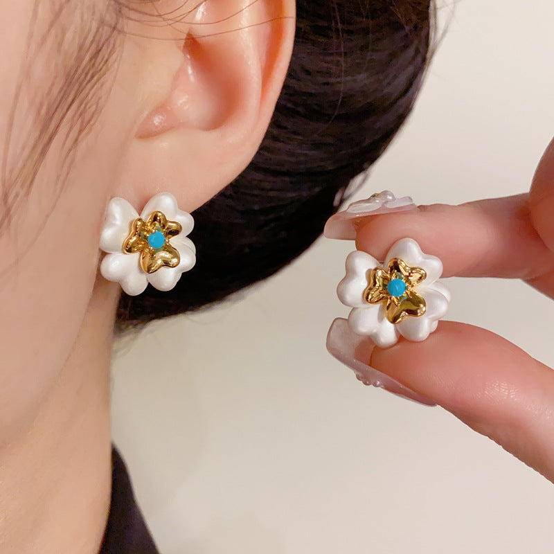 14K Gold-Plated White Flower Stud Earrings – Sweet & Minimalist Design