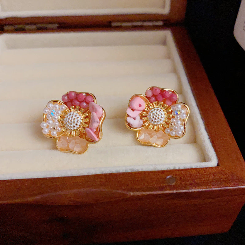 14K Gold Handmade Colorful Four-Leaf Flower Earrings – Elegant Design