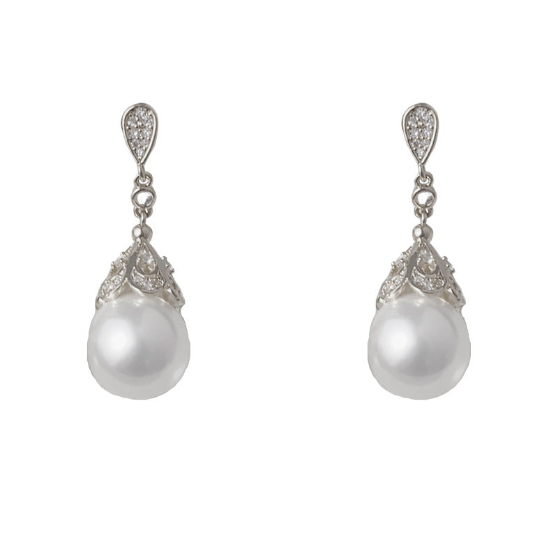 Elegant Zircon Teardrop Pearl Drop Earrings – Geometric Design