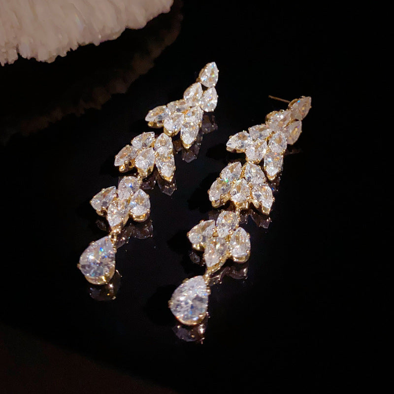 14K Gold Full Zircon Leaf Long Tassel Earrings - Chic Elegance Design