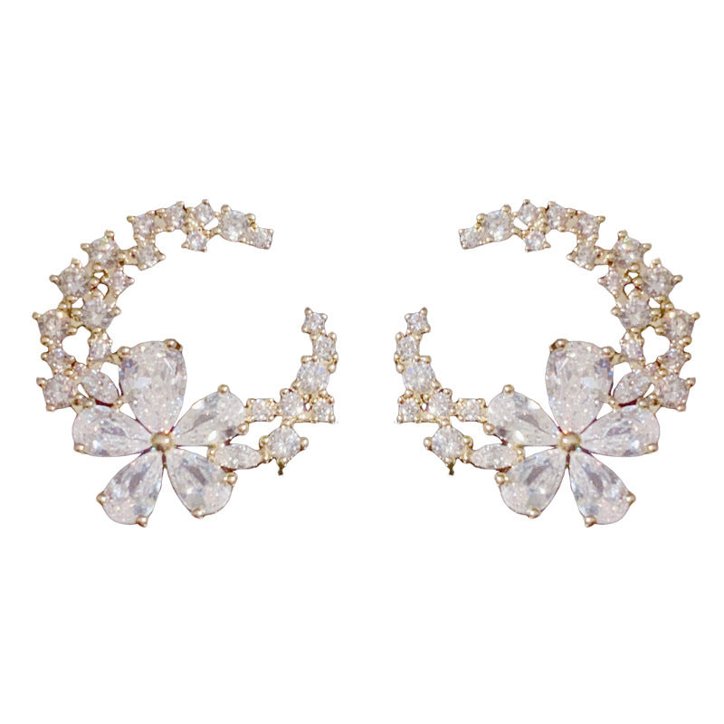 14K Gold-Plated Zircon Crescent Moon Flower Earrings – Elegant Design