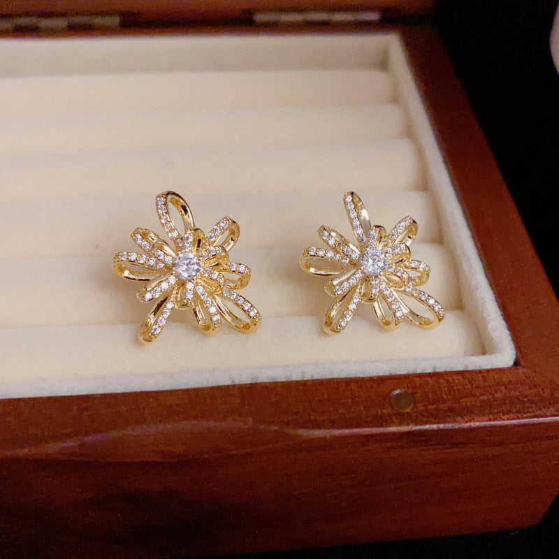14K Gold-Plated Zircon Firework Stud Earrings - Elegant & Chic Design