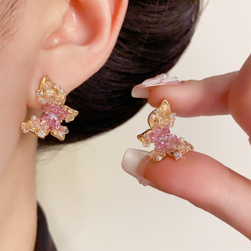 Minimalist Gradient Crystal Butterfly Stud Earrings–S925 Silver Needle