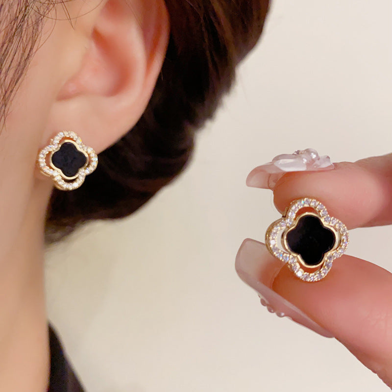 14K Gold-Plated Zircon Four-Leaf Clover Earrings Set - Elegant Design