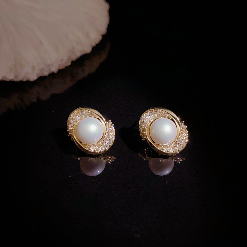 14K Gold-Plated Full Zircon Oval Pearl Stud Earrings – Elegant Sparkle