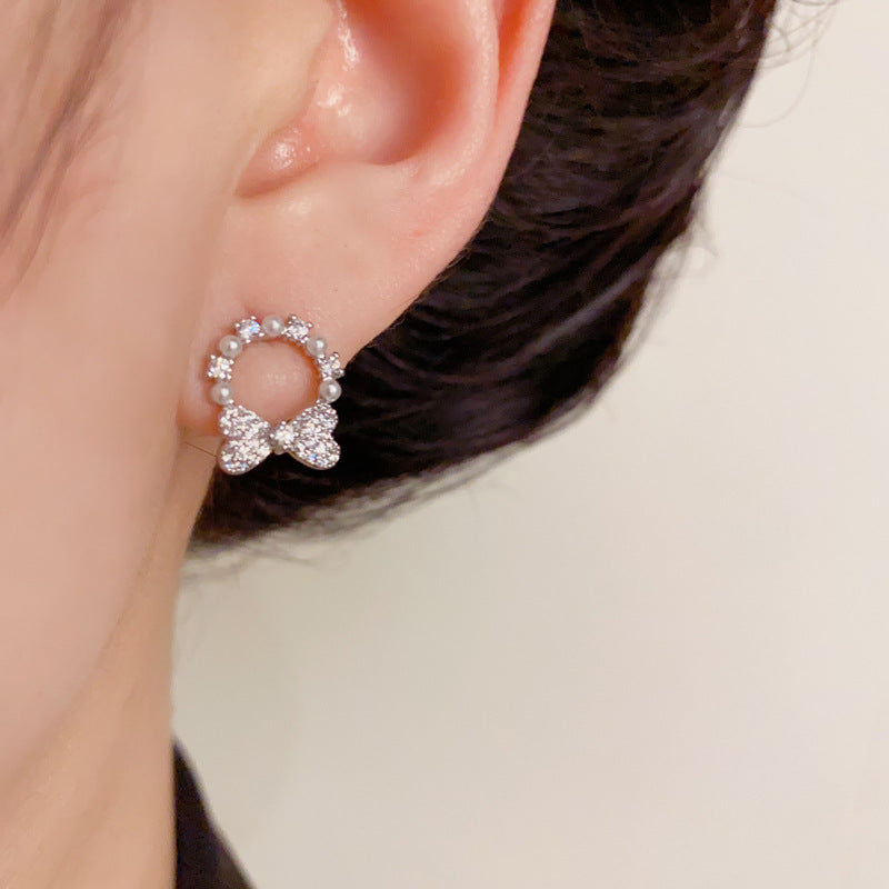 14K Gold-Plated Zircon Pearl Bow Hoop Earrings – Elegant Chic Design